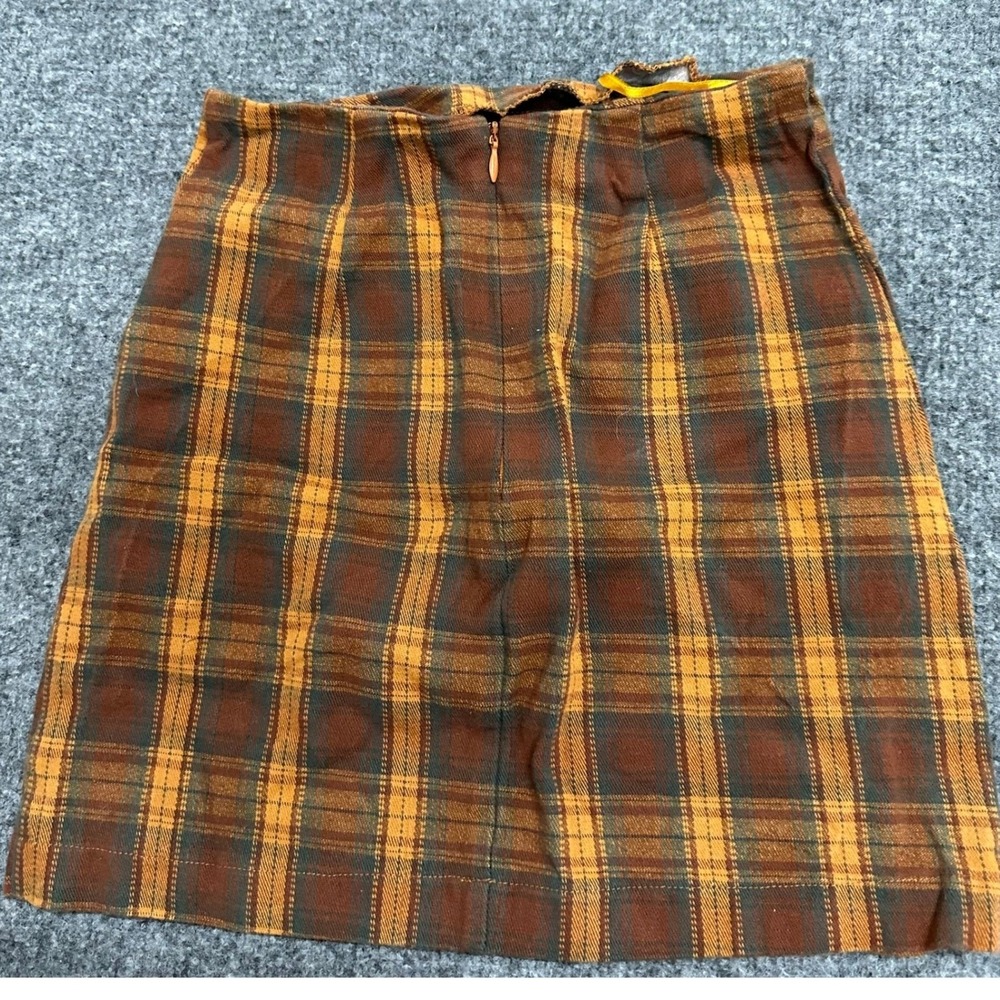 Honey Punch Skirt Womens Size XS Brown Orange Plaid Cotton Blend Mini Slim Fit